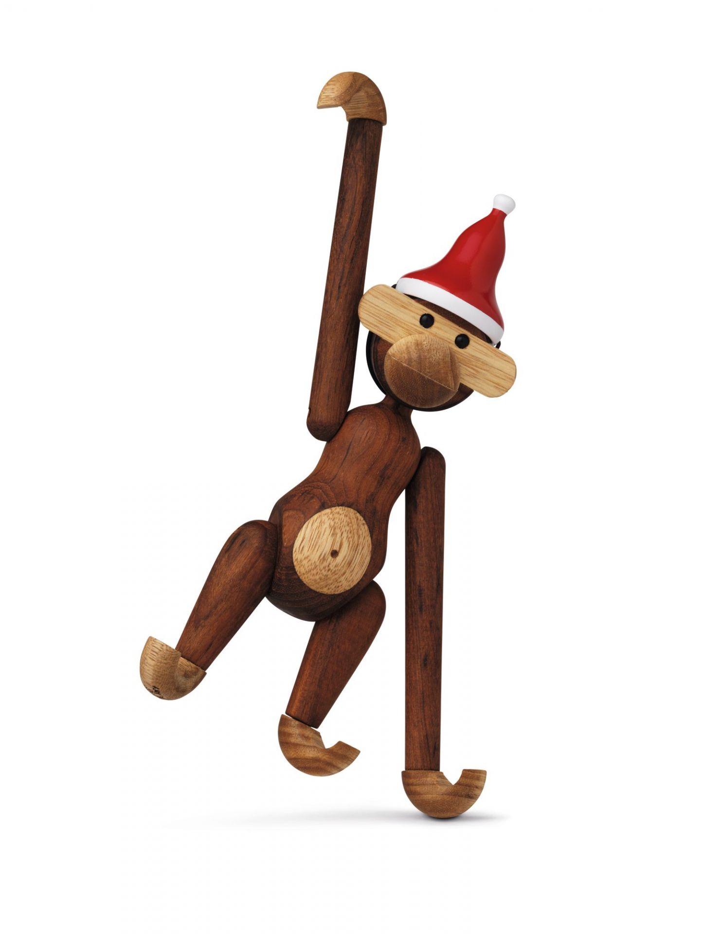Kay Bojesen Affe klein aus Holz mit roter Weihnachtsmütze für festliche Dekoration.