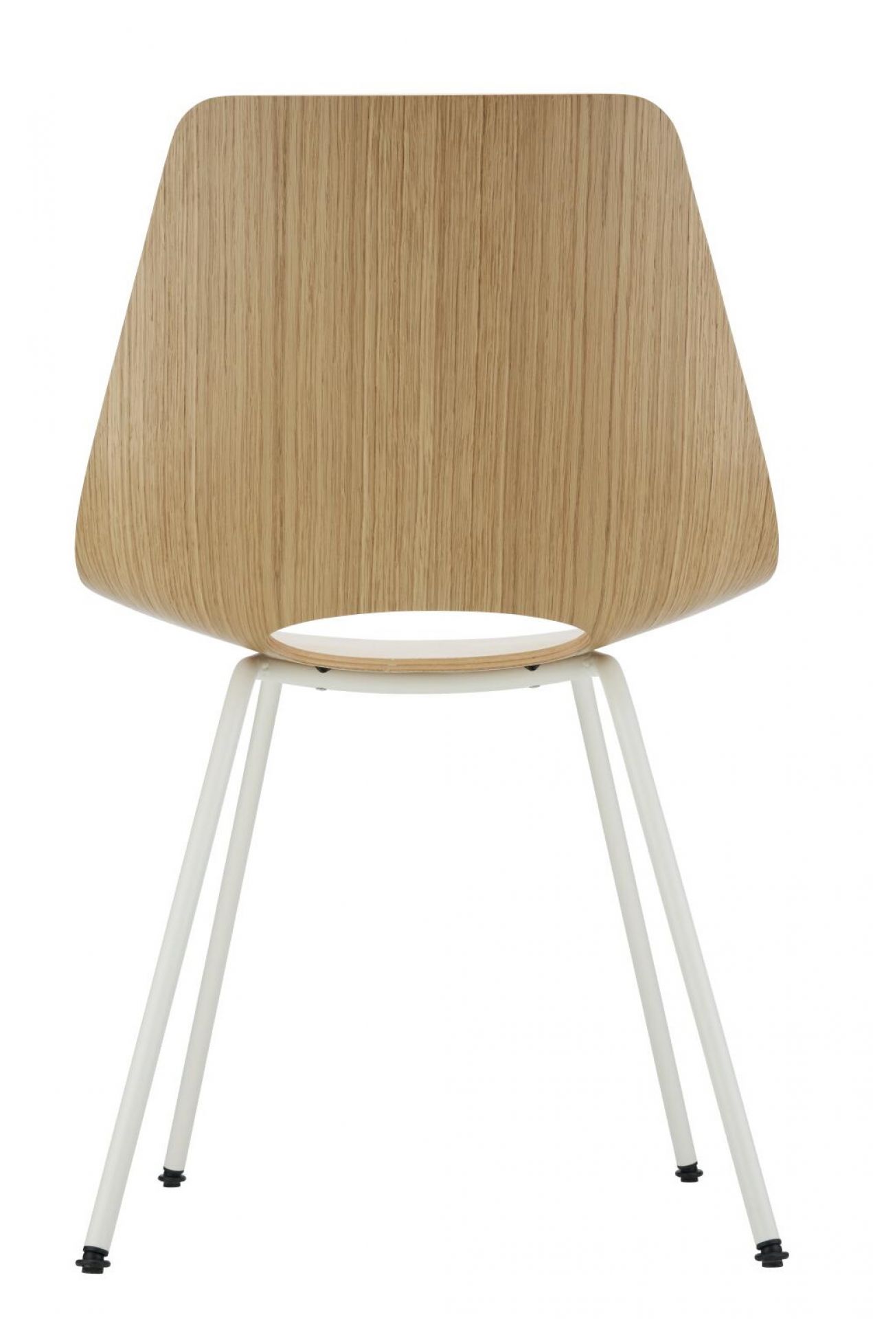 Rückansicht des S 661 Stahlrohrstuhls von Thonet mit hellem Holzfurnier und weißem Stahlrohrgestell.