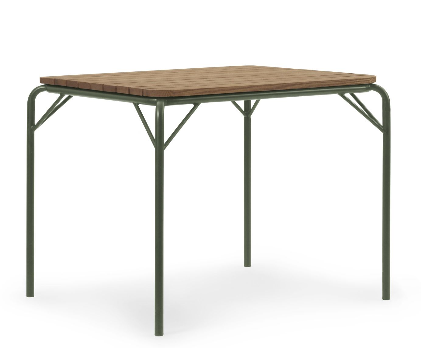 Vig Table 90x90 cm von Normann Copenhagen, Outdoor-Tisch mit Holzplatte und grünem Metallgestell.