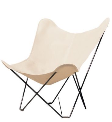 Mariposa Butterfly Chair Sessel Cuero in Creme mit schwarzem Metallgestell für den Außenbereich.