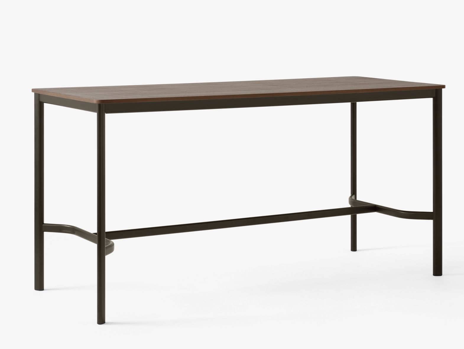 AndTradition Drip Stehtisch mit dunkler Holzplatte und schwarzem Metallgestell, ideal für moderne Büros.