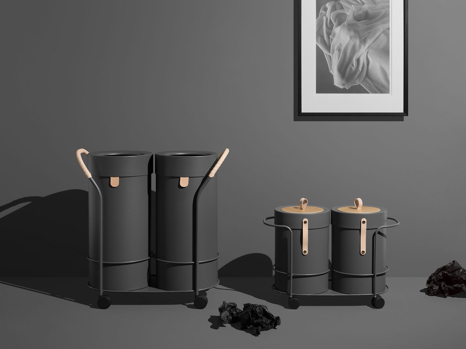 Bin There Mülleimer für Mülltrennung, graue Abfallbehälter auf Rollen mit Lederdetails für stilvolle Abfallentsorgung.