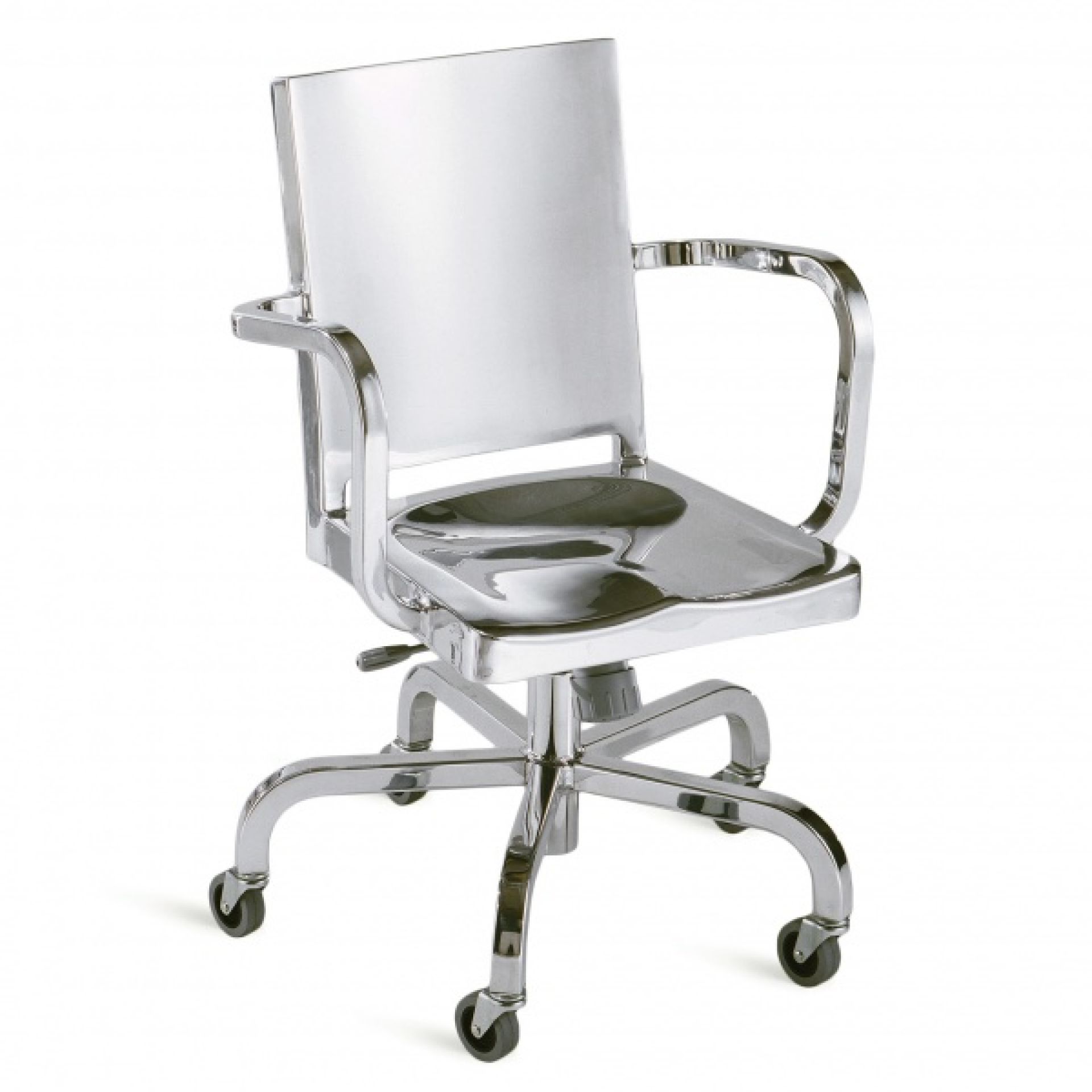 Hudson Drehstuhl von Emeco, Bürostuhl aus poliertem Aluminium mit Armlehnen und Rollen.