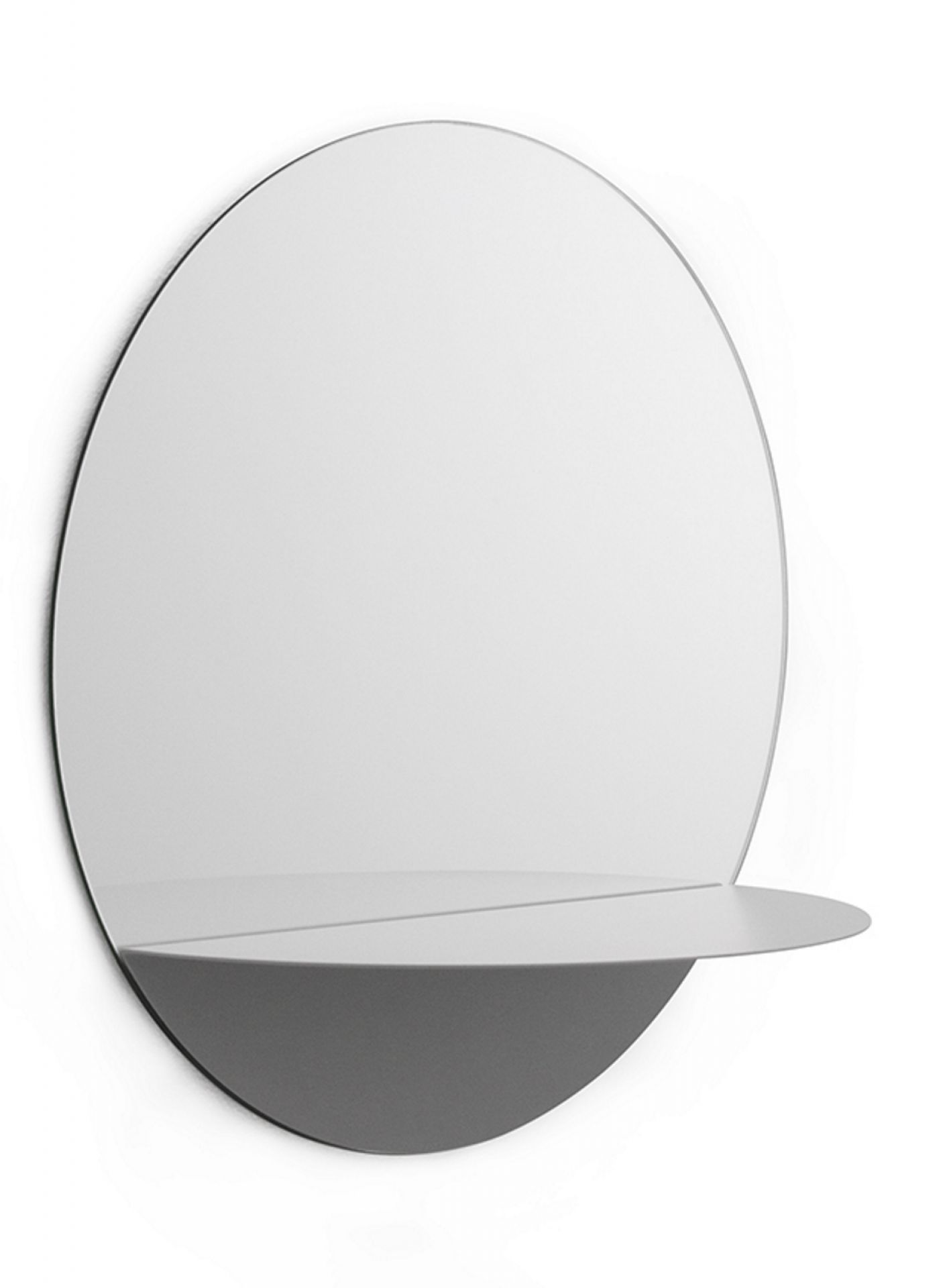 Grauer, runder Horizon Spiegel von Normann Copenhagen mit integrierter Ablage. Modernes Design.