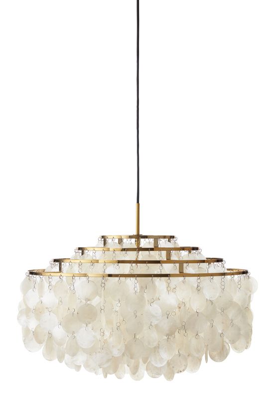 FUN 10DM Pendelleuchte von Verpan aus Messing mit Muschelscheiben, moderne Hängelampe für Wohnzimmer.