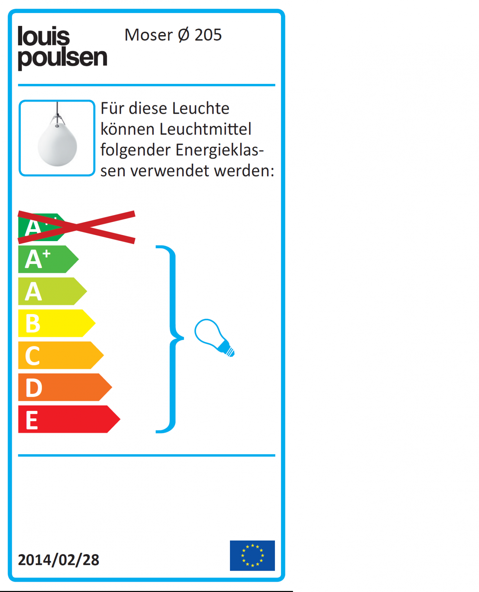 Energieeffizienzlabel für Louis Poulsen Moser Pendelleuchte, zeigt Energieklassen A+ bis E.
