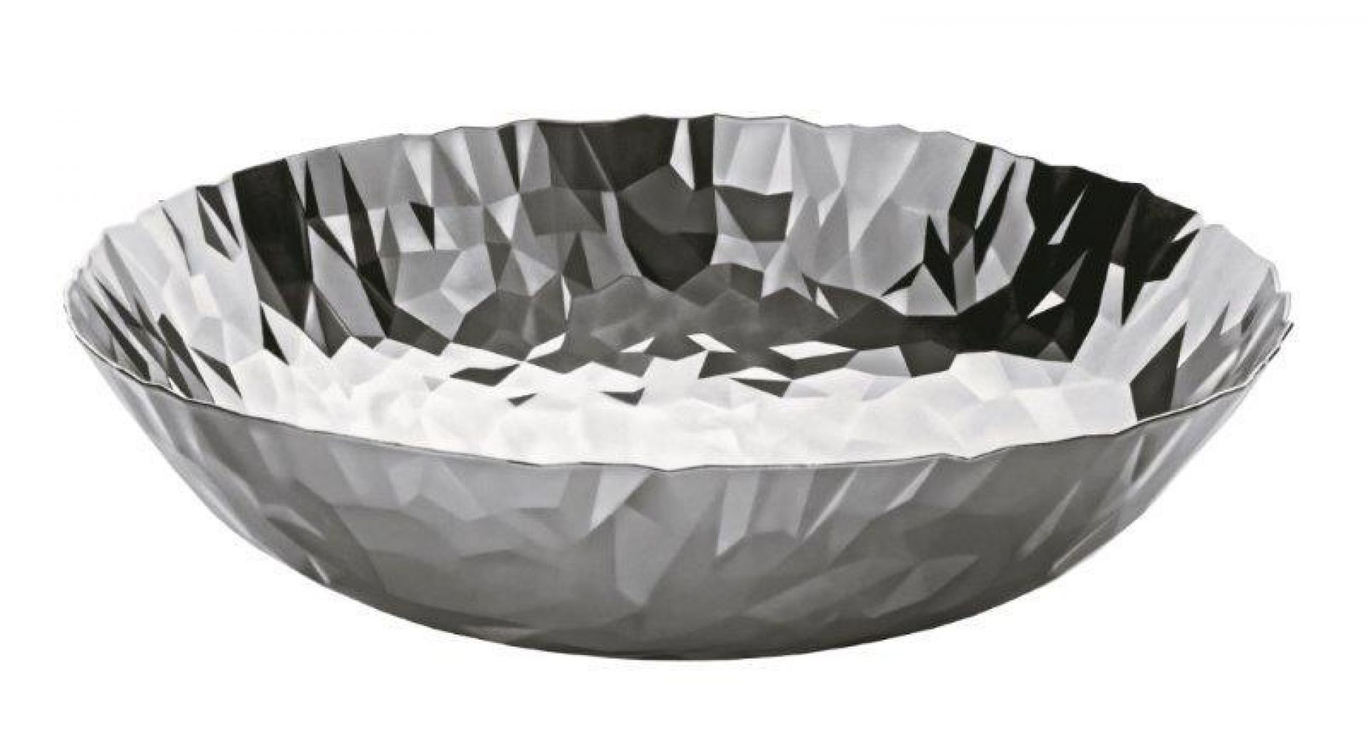 Alessi Joy n.1 Tafelaufsatz: Silberne Schale mit geometrischem, facettiertem Design für Tischdekoration.