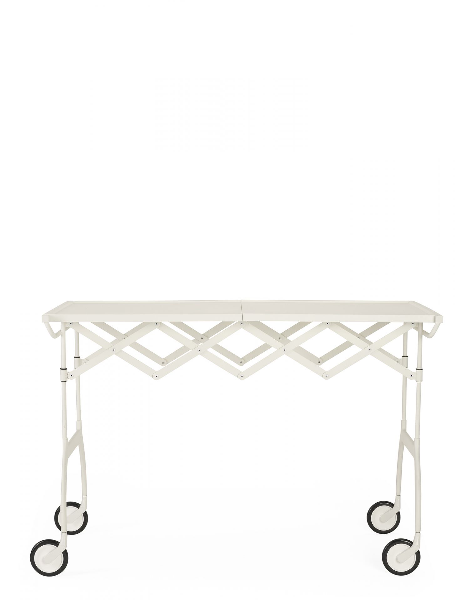 Mattweißer Kartell Servierwagen Battista mit Rollen und Scherengestell, ausziehbarer Tisch.