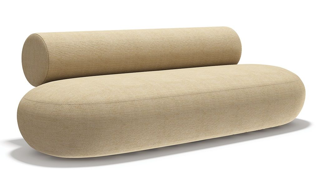 Beiges Hippo Sofa von Norr11 aus Holz mit abgerundeten Formen und zylinderförmiger Rückenlehne.