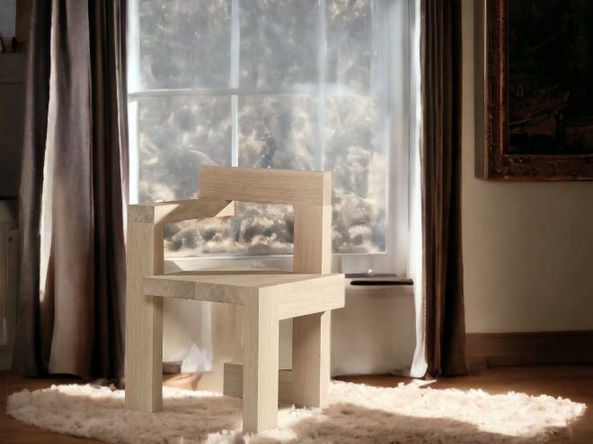 Steltman Stuhl aus massiver Eiche, whitewash gebeizt. Design Stuhl mit mattem Lack.
