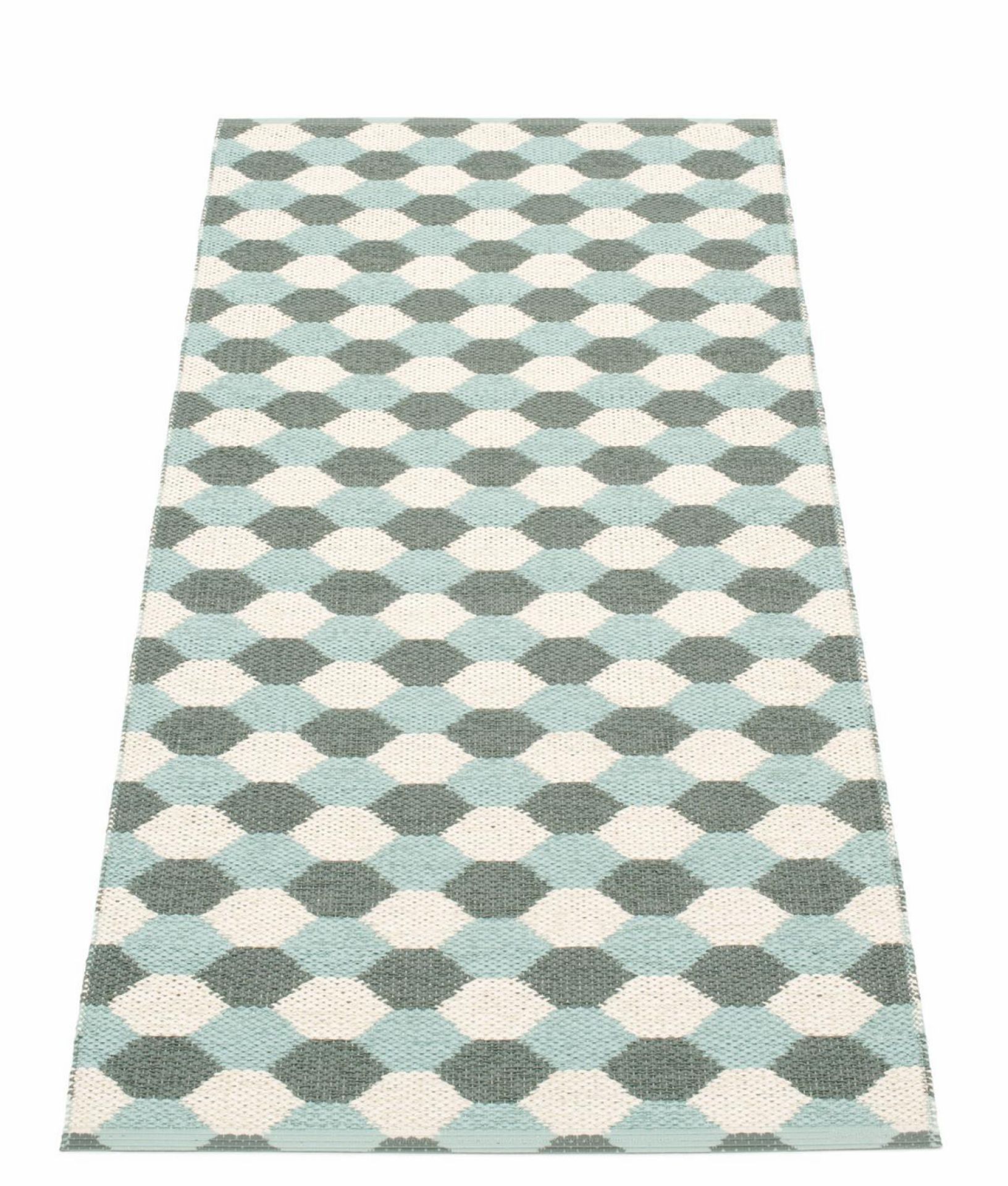 Dana Kunststoffteppich 70x160 cm in warmen Grautönen mit geometrischem Muster, ideal für drinnen und draußen.
