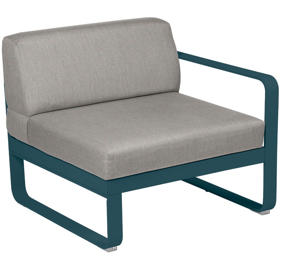 Bellevie Outdoor Sofa 1-Sitzer Modul rechts von Fermob, blaues Gestell, graue Polster.