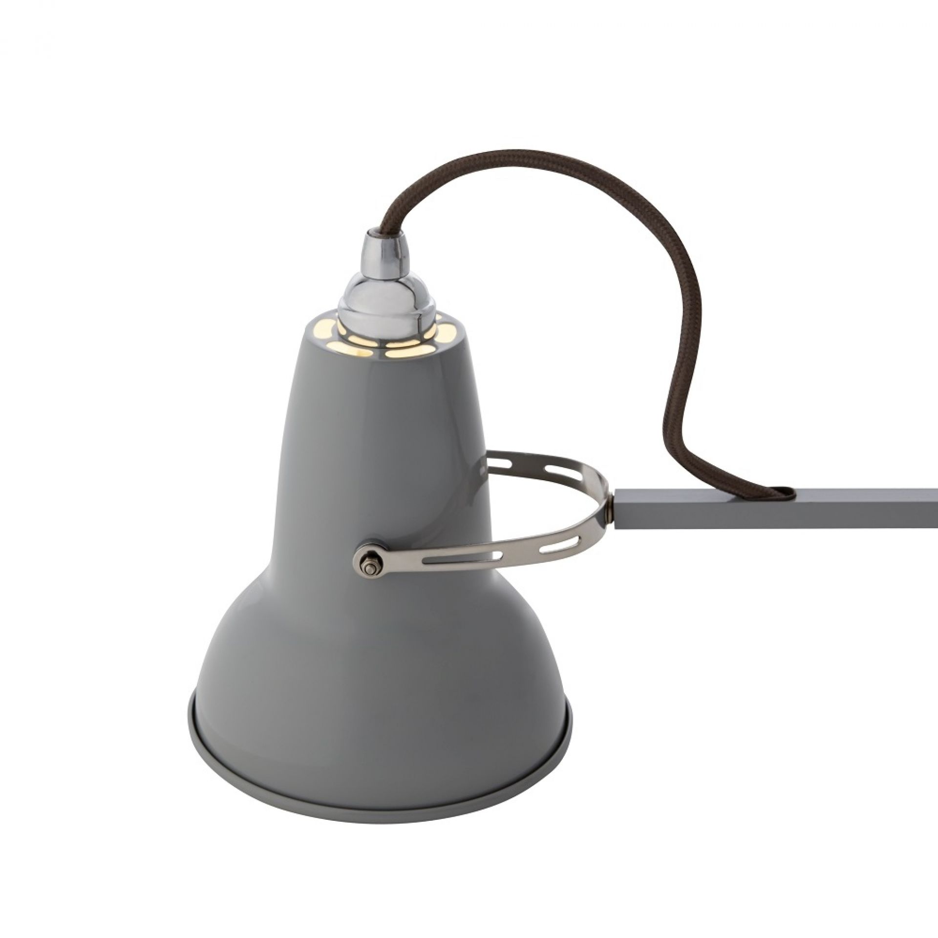 Graue Anglepoise Original 1227 Mini Tischleuchte, Detailaufnahme des Lampenschirms und der Mechanik.