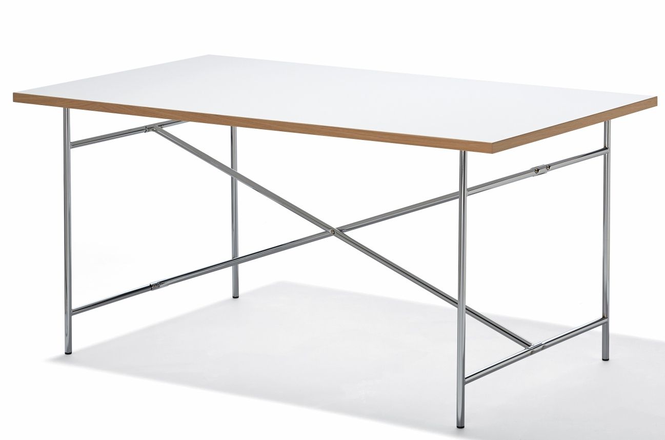 Eiermann Tisch mit weißer Tischplatte und verchromtem Stahlgestell für Esszimmer und Büro.