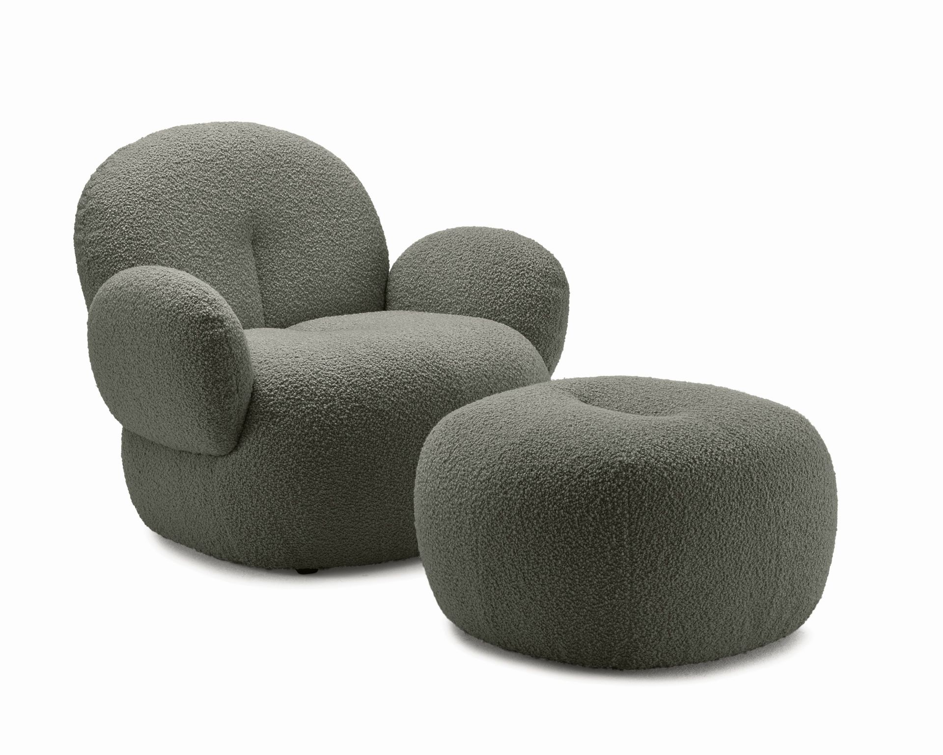 Nana Hocker von Freifrau Manufaktur, grauer Sessel mit rundem Polsterhocker im Bouclé-Stoff, modernes Wohnzimmer-Design.