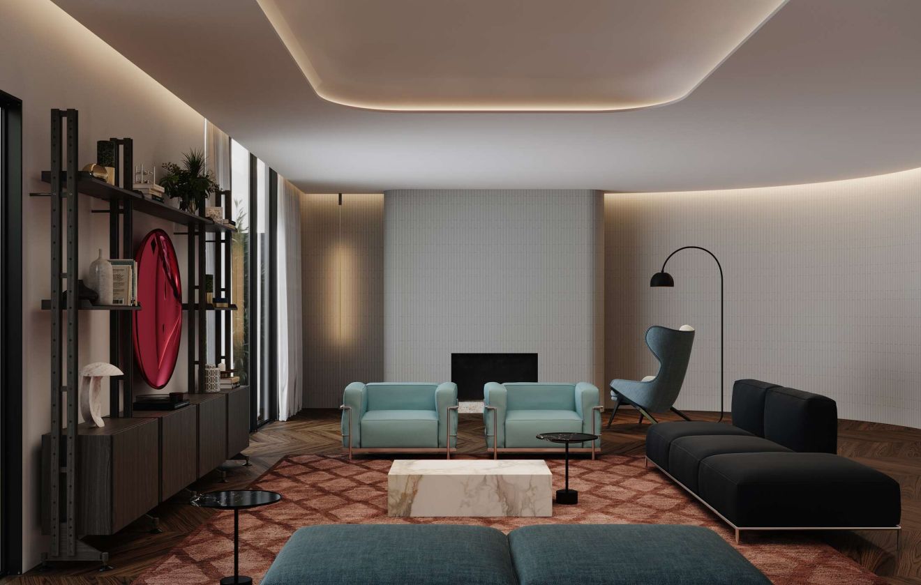 Wohnzimmer mit Cassina Tisch, Sesseln, Sofa und Regalsystem in modernem Design.