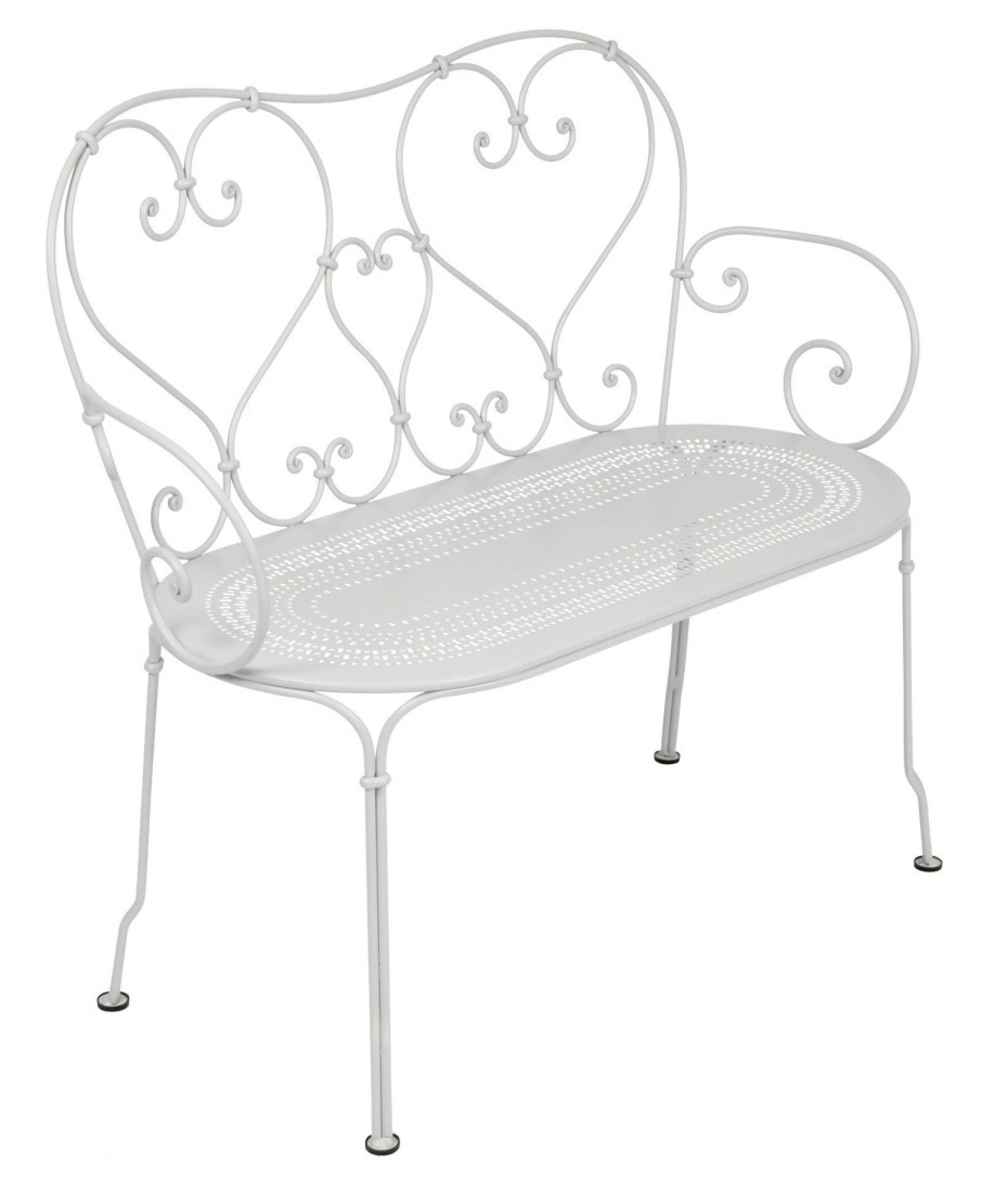 Weiße Fermob 1900 Bank für den Garten: Elegante Outdoor-Sitzbank aus Metall mit filigranem Design.