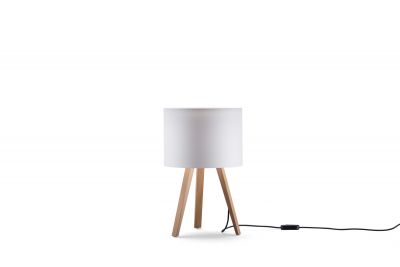 Luca Stand Tischleuchte von Maigrau: Weiße Lampe mit geräuchertem Eichenholz-Gestell für Nachttisch oder Schreibtisch.