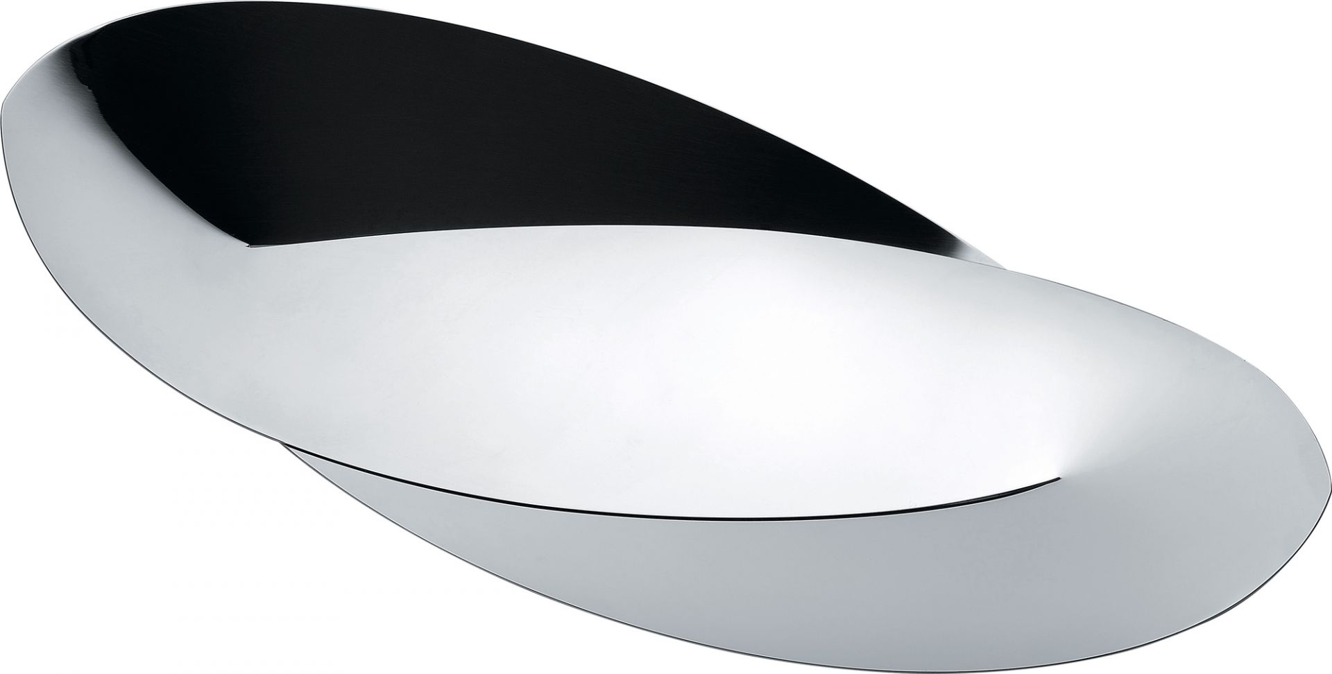 Nahaufnahme der Alessi Octave Obstschale aus glänzendem Edelstahl, modernes Design.