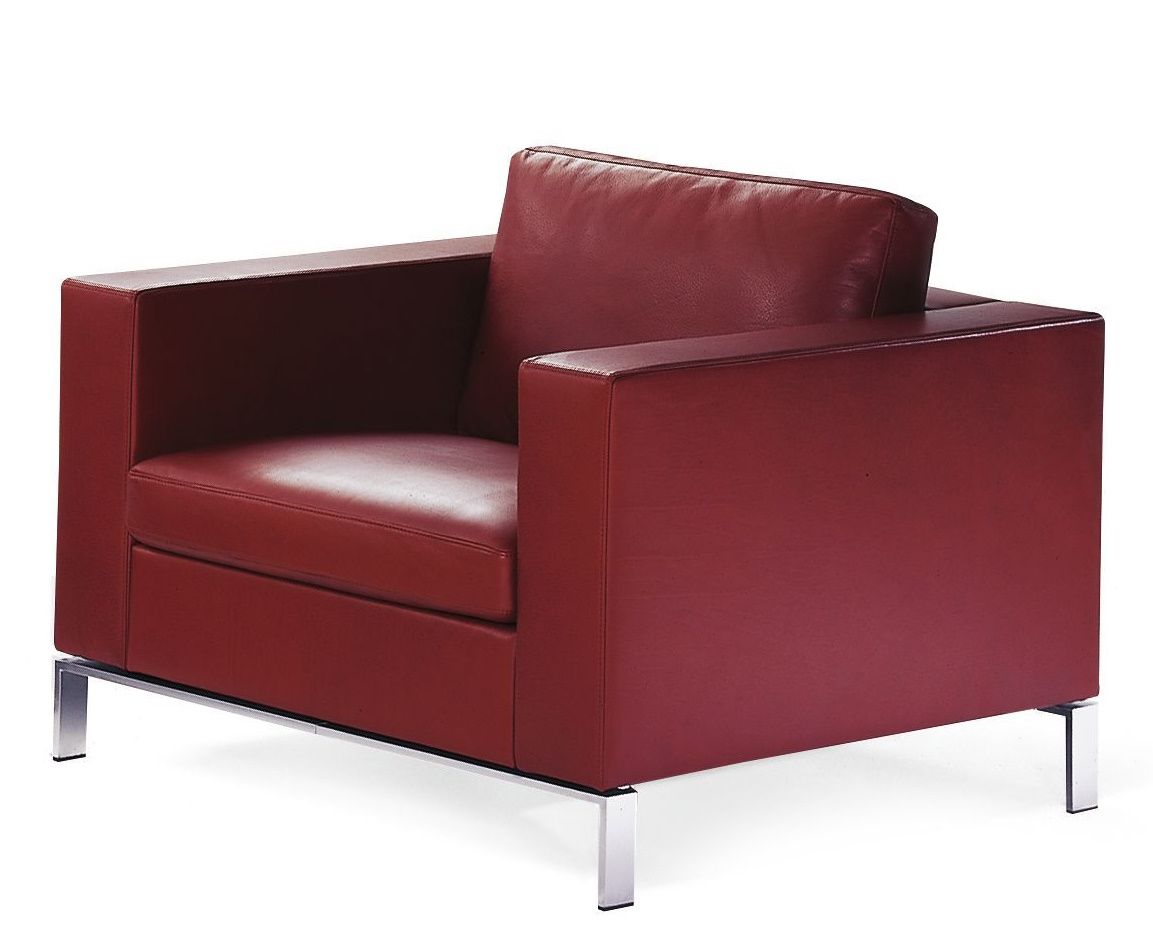 Roter 503 Foster Sessel von Walter Knoll mit Lederbezug und silbernen Füßen, moderne Wohnzimmermöbel.