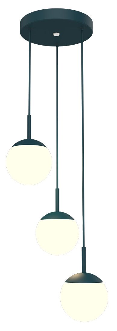 Mooon Triple Pendelleuchte von Fermob in Petrolblau mit drei leuchtenden Kugeln und filigranen Aufhängungen.