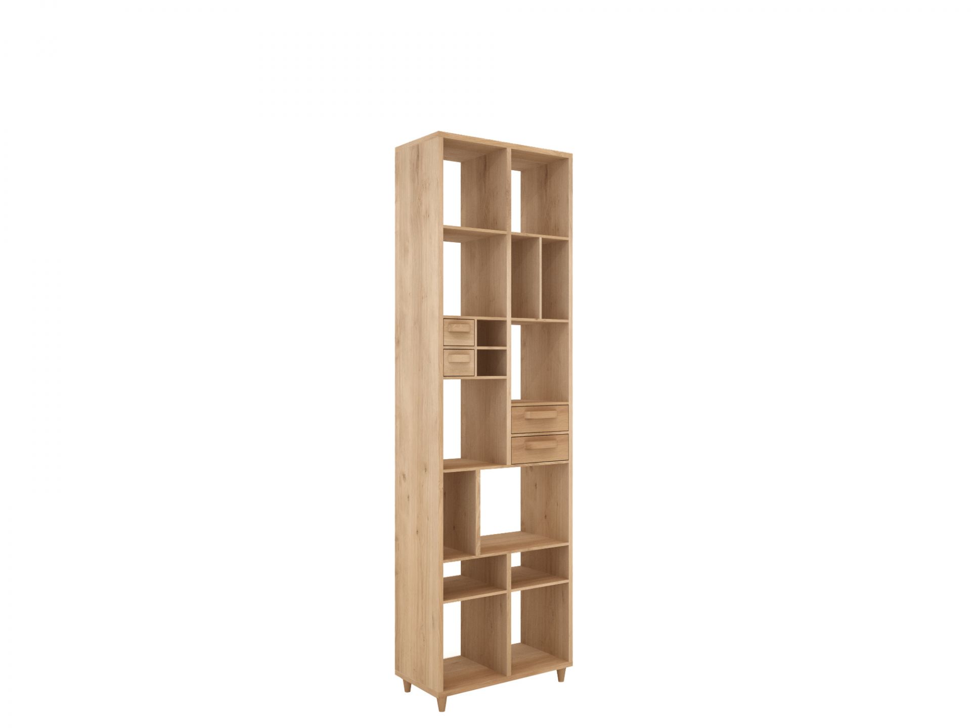 Ethnicraft Pirouette Bücherregal aus Eiche mit Fächern und Schubladen, modernes Design für Wohnzimmer.