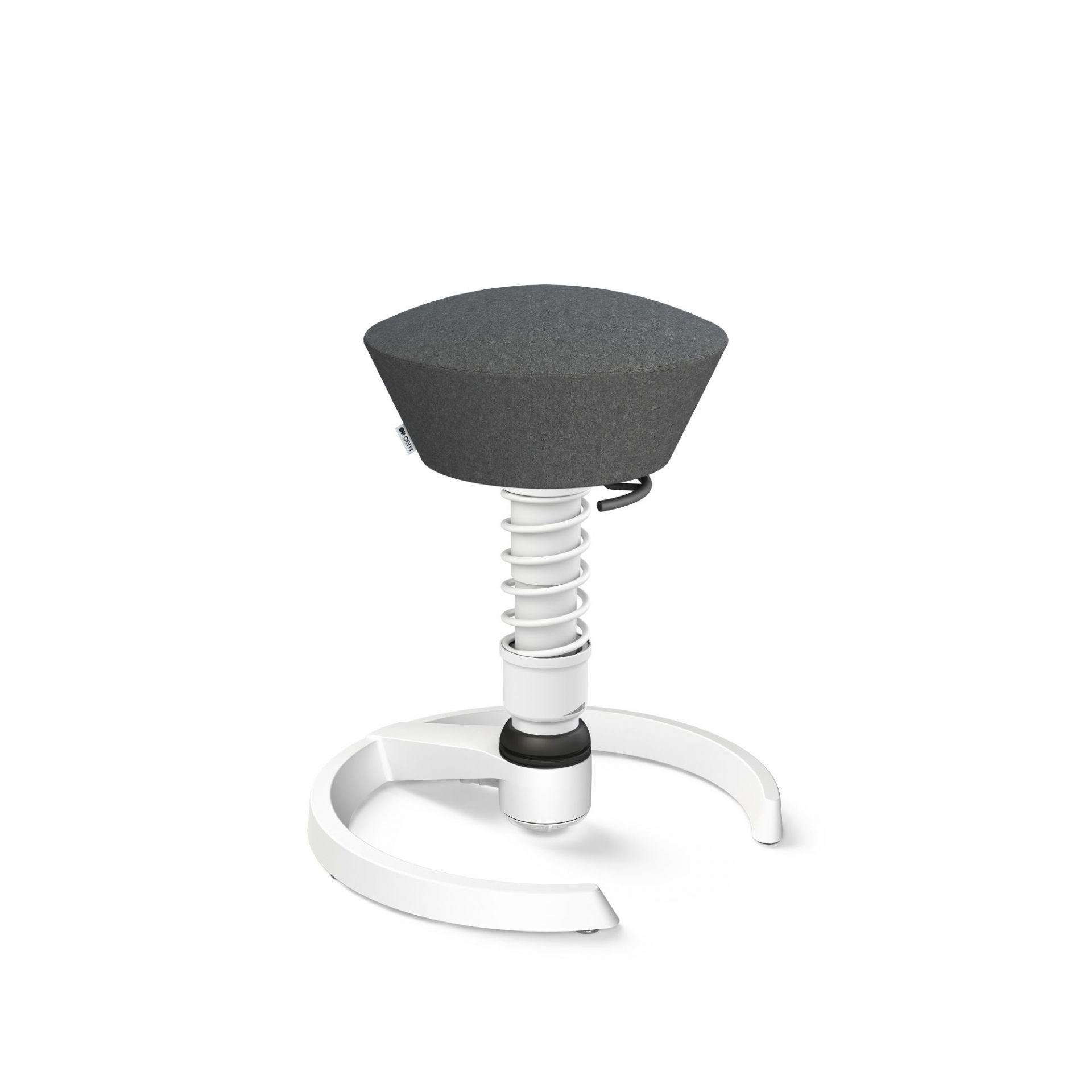 Aeris Swopper Aktiv-Hocker mit grauem Sitz und weißem Federbein für ergonomisches Sitzen im Büro.