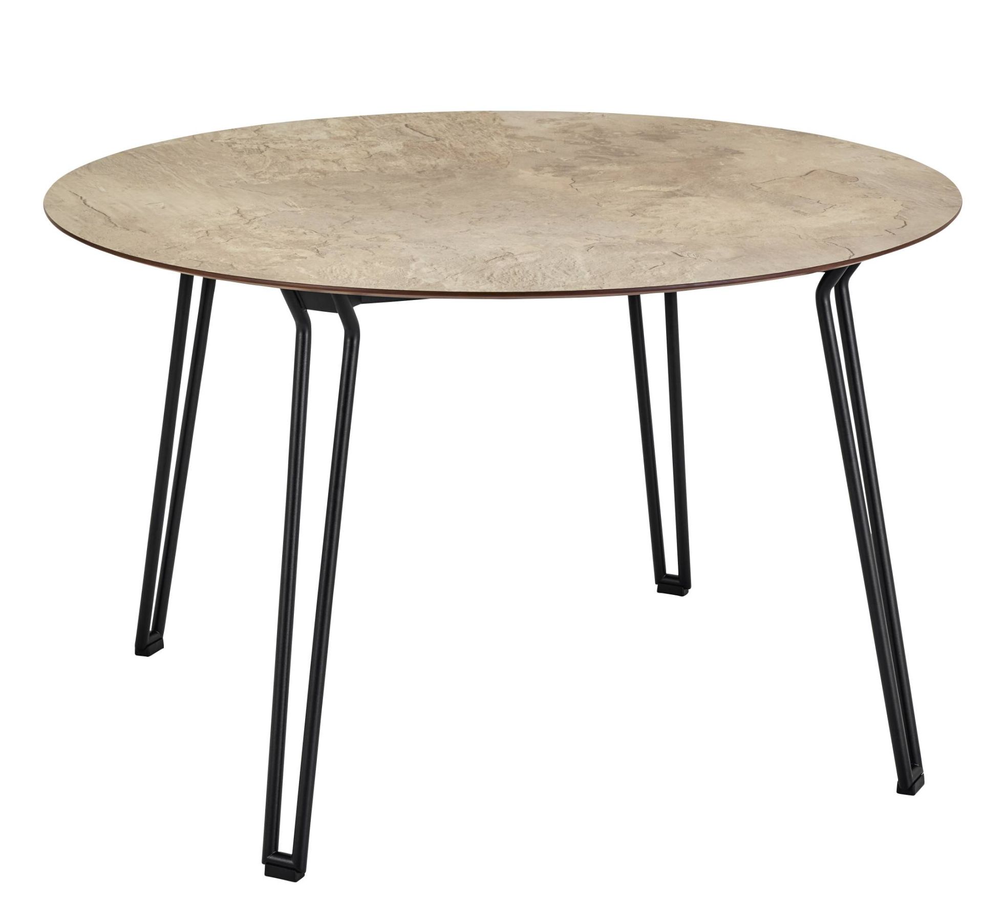 Slope Tisch von Weishäupl, runder Esstisch für den Außenbereich mit schwarzem Metallgestell.