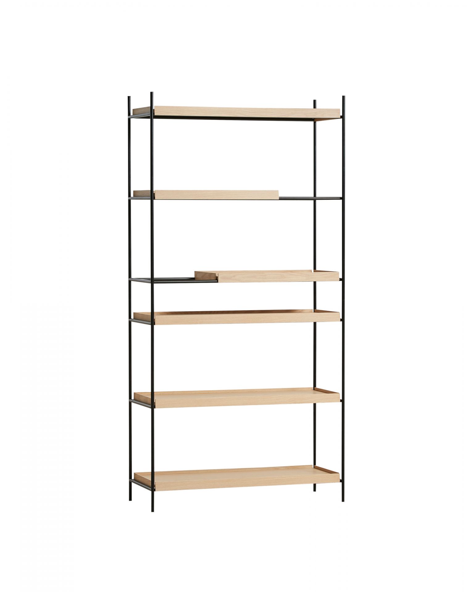 Woud Tray Regal hoch, Eiche hell mit schwarzem Metallgestell, modernes skandinavisches Design.