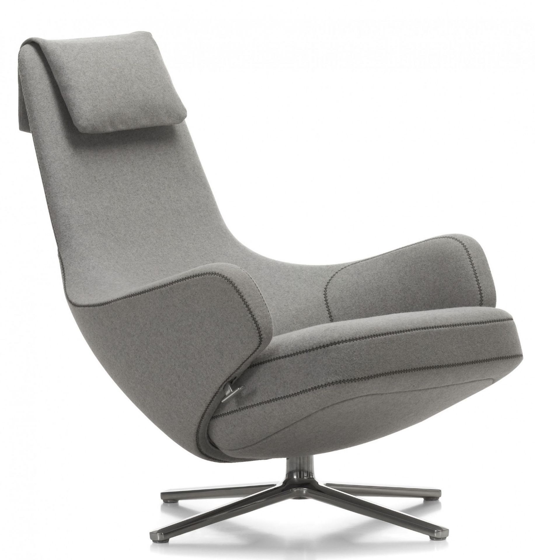 Grauer Vitra Repos Sessel mit Kopfstütze und Drehfuß, moderner Relaxsessel für Wohnzimmer.