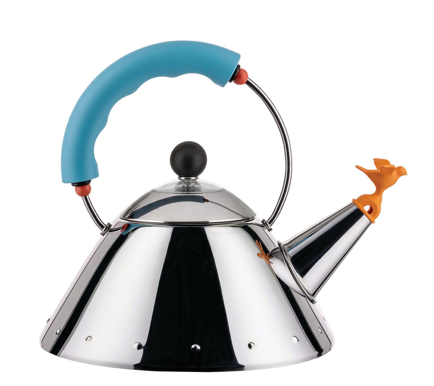 Alessi Wasserkessel 9093/1 LAZ aus Edelstahl mit blauem Griff und Vogel-Pfeife.