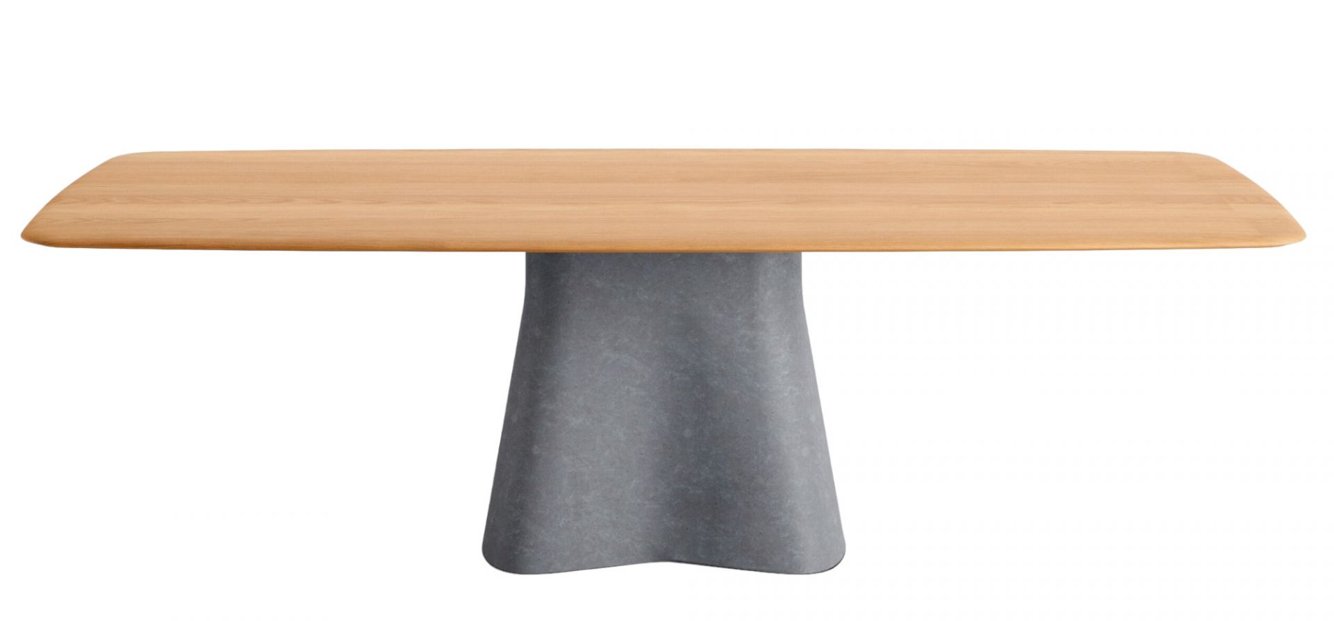 Temno Esstisch von Walter Knoll mit heller Holzplatte und grauem, massivem Betonsockel.