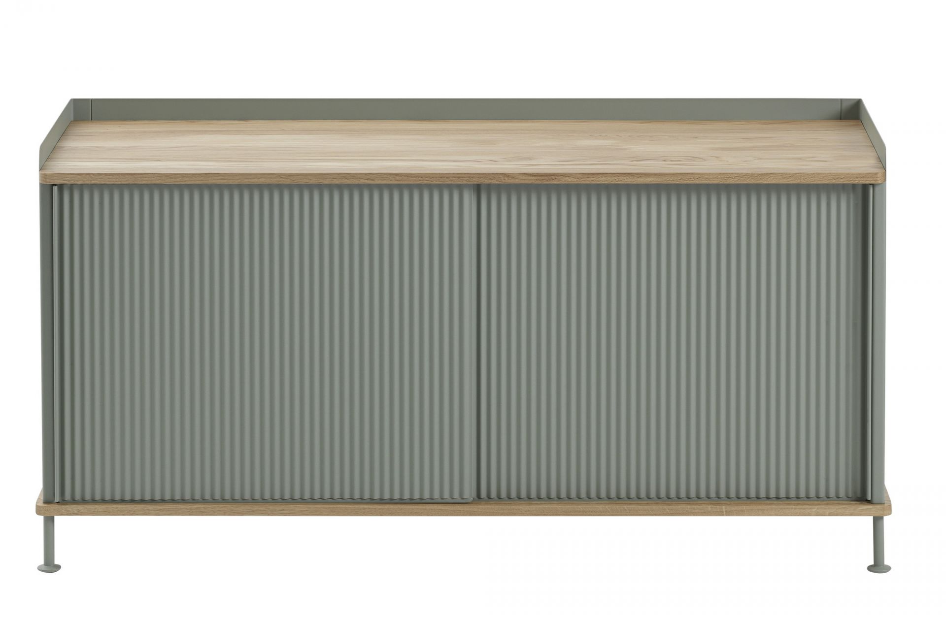 Enfold Sideboard Low von Muuto, graues Anrichte Möbel mit zwei Türen und Holzplatte für Wohnzimmer.