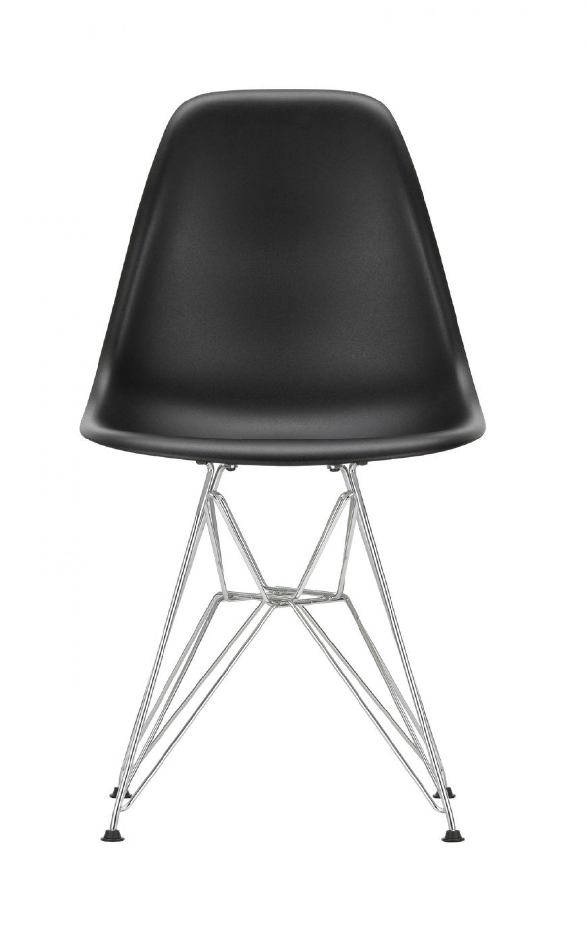 Schwarzer Eames Plastic Side Chair DSR mit Chromgestell, ein moderner Designklassiker Stuhl.