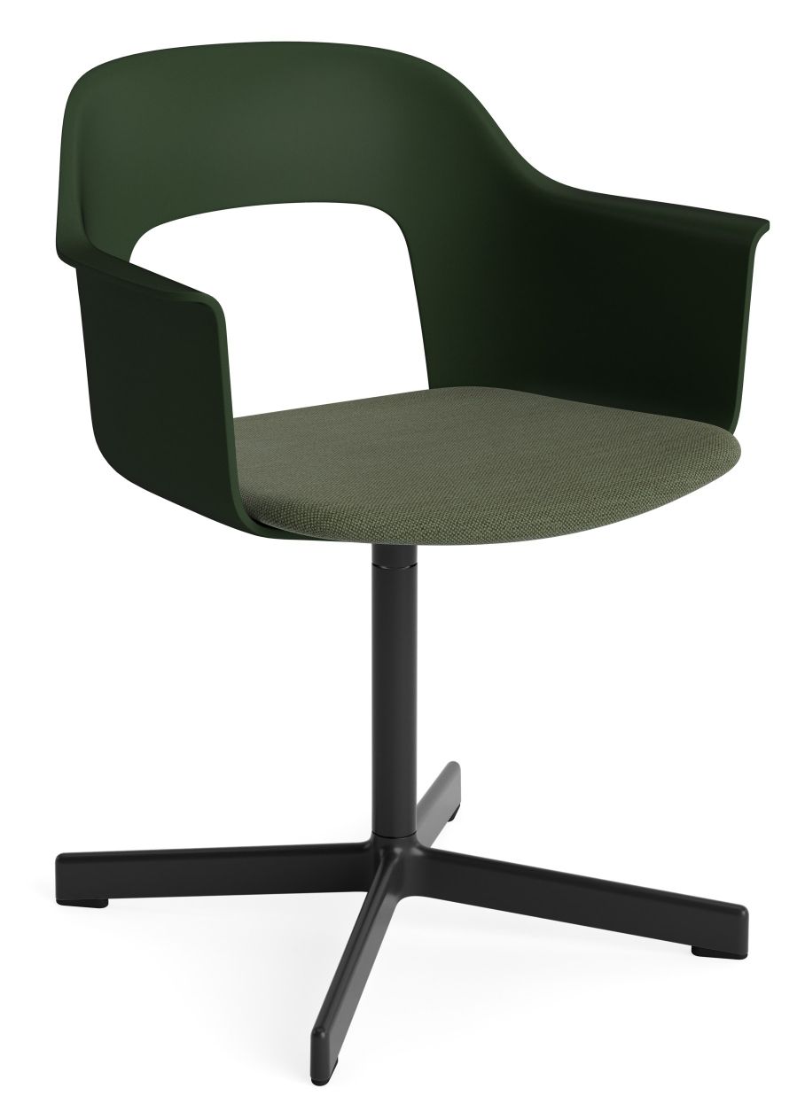 Layout Armchair 233 von Hay, grüner Bürostuhl mit Armlehnen und schwarzem Drehfuß, modernes Design.