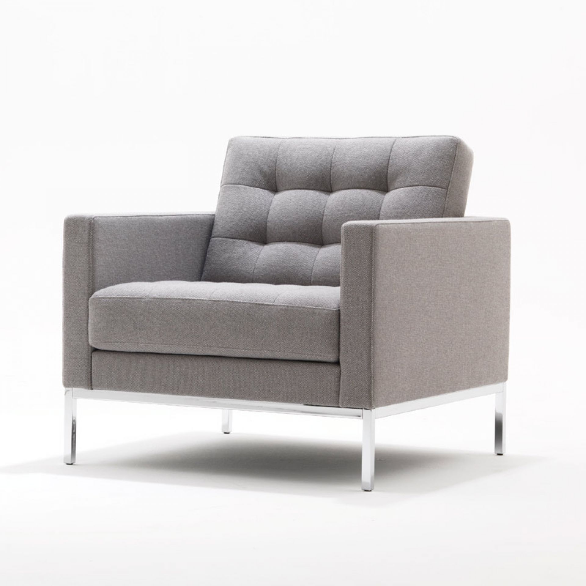Grauer Florence RELAX Sessel von Knoll International mit Knopfheftung und Chromgestell.