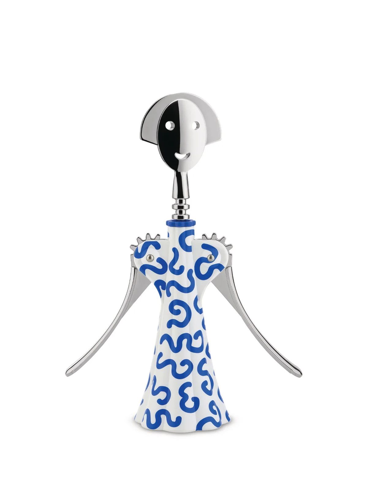 Alessi Anna G. Korkenzieher mit blau-weißem Delft-Muster, ein lustiger und funktionaler Küchenhelfer für Weinliebhaber.