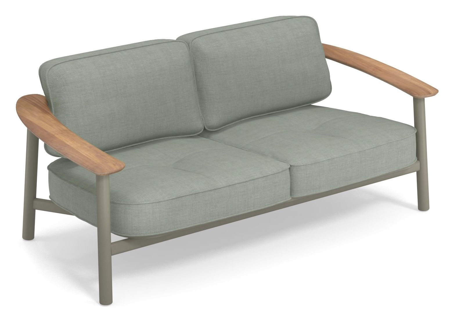 Graues Twins Sofa Outdoor von Emu mit Holzarmlehnen, modernes Design für Garten und Terrasse.