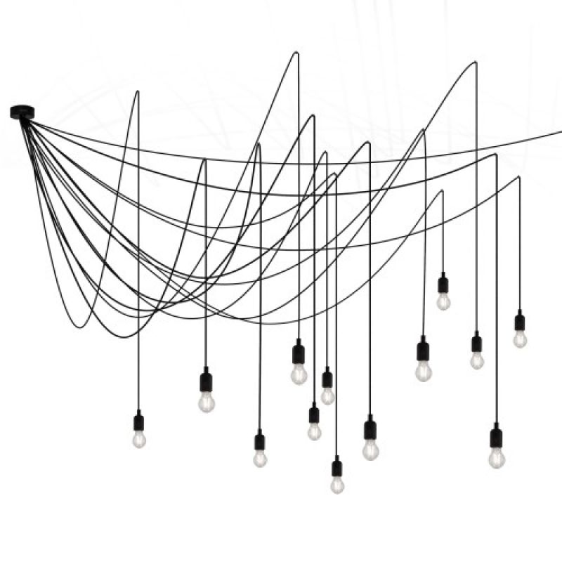 Schwarze Maman Pendelleuchte von Seletti mit vielen Glühbirnen an langen Kabeln, modernes Design.