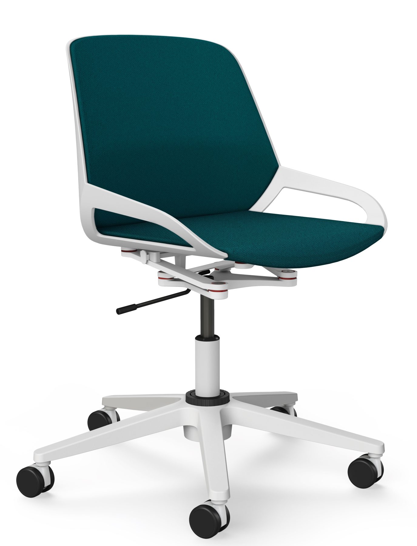 Numo Task Bürodrehstuhl von Aeris mit Säule, Rollen und petrolfarbener Sitzfläche für ergonomisches Sitzen.
