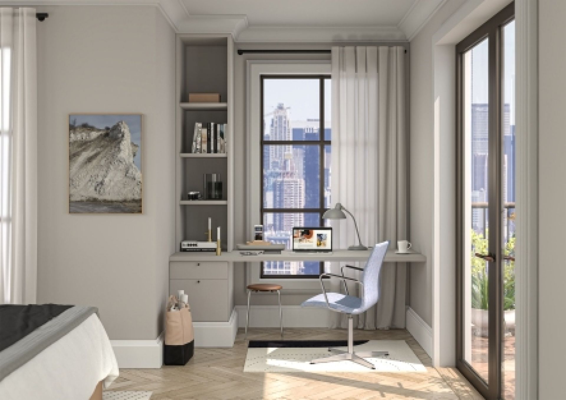 Büro mit KAISER idell 6556 T Tischleuchte in Easy Grey auf Schreibtisch.