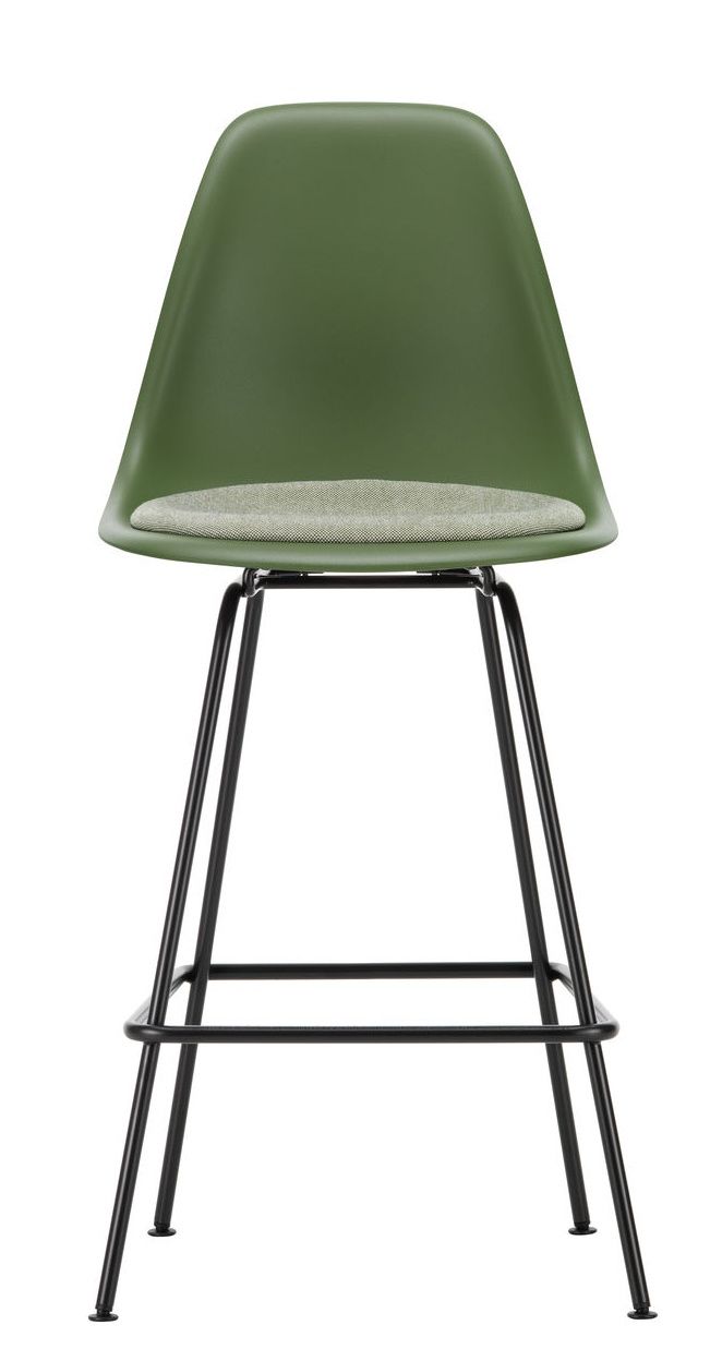 Eames Plastic Bar Stool von Vitra, Barhocker in Grün mit Sitzpolster und schwarzem Gestell.