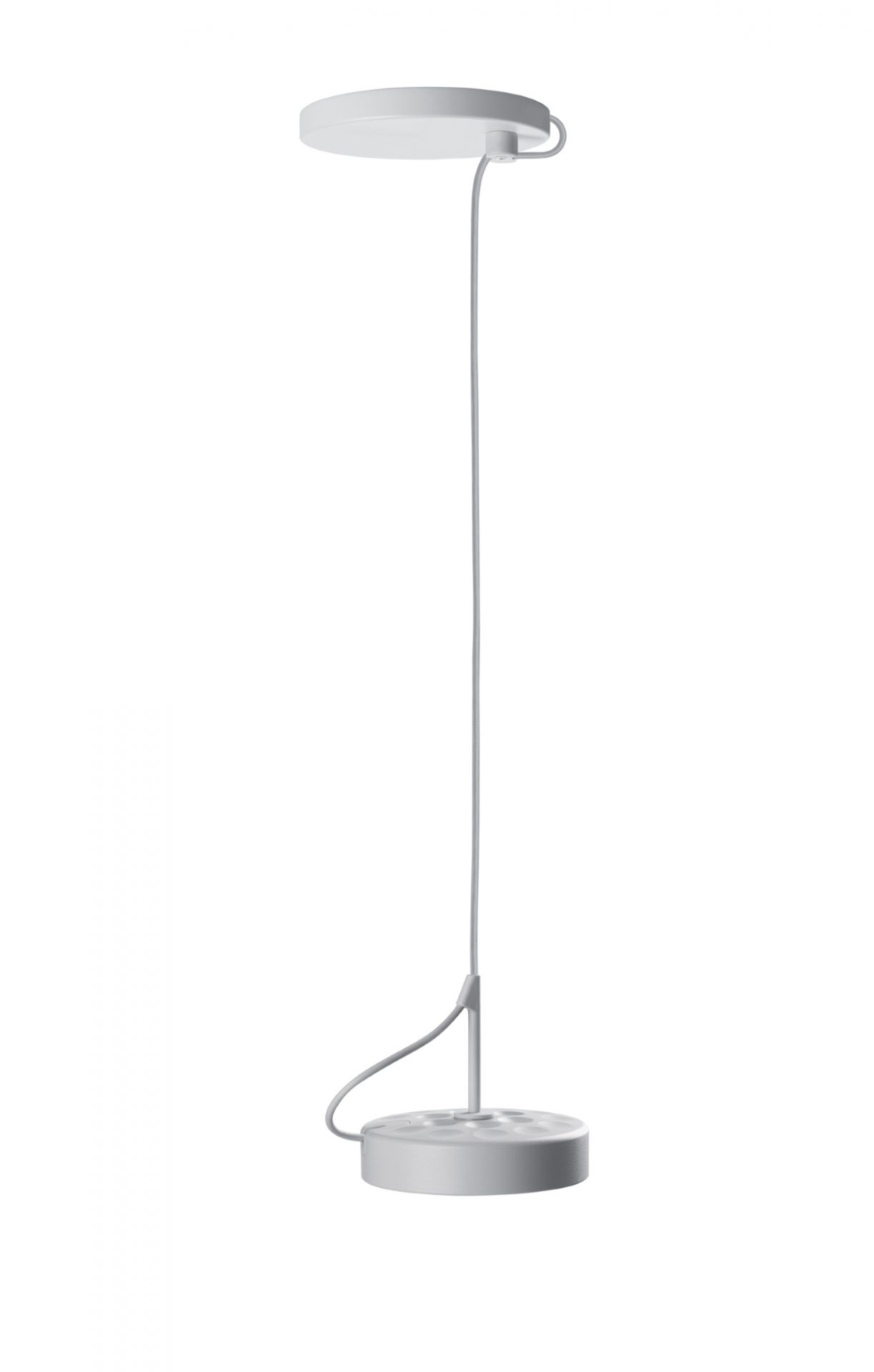 Weiße U-Turn Pendelleuchte von Belux, minimalistisches Design mit runden Lampenschirmen und Kabelaufhängung.