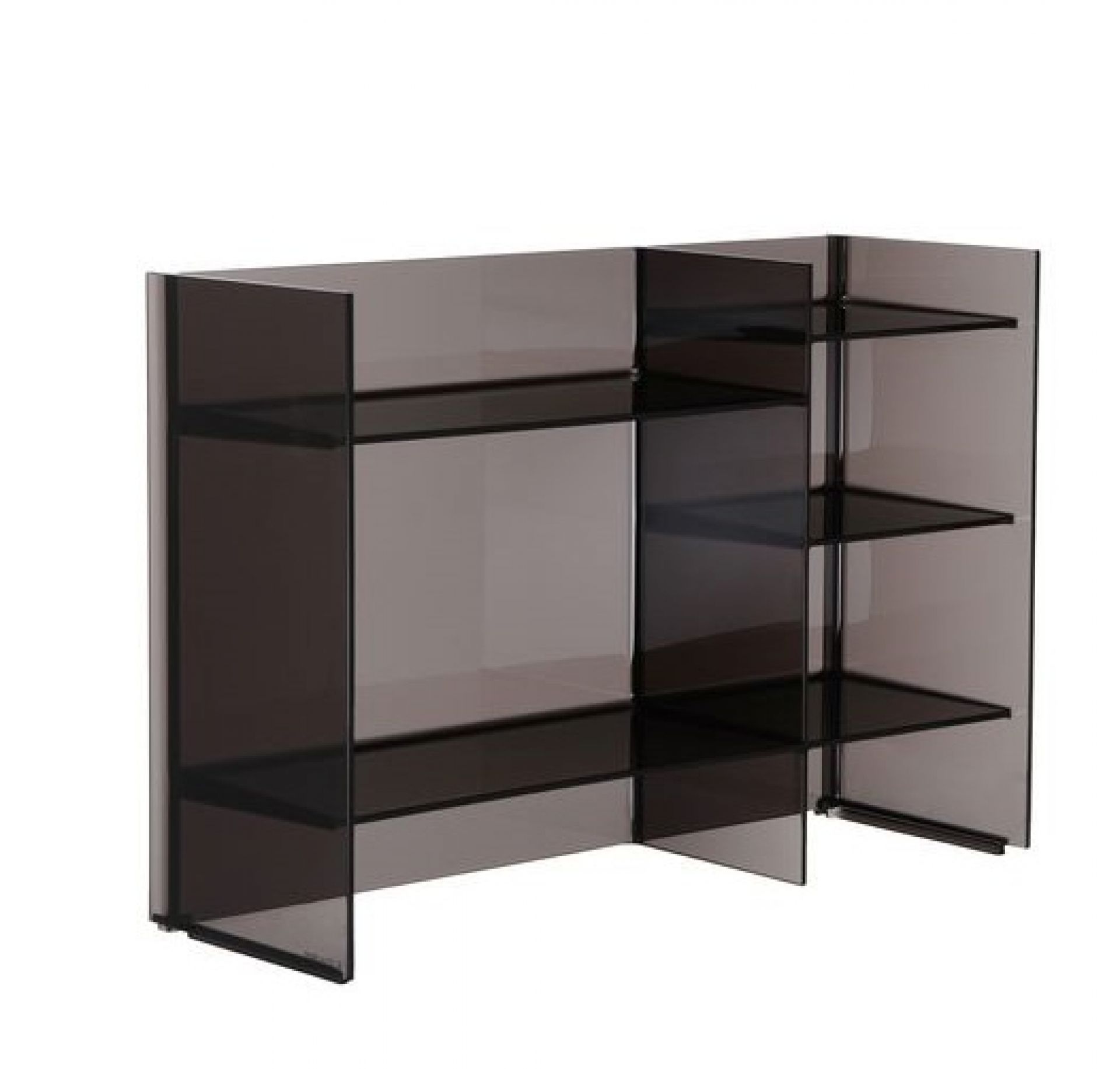 Graues Kartell Sound-Rack Regalsystem aus transparentem Kunststoff mit mehreren Regalböden für Wohnzimmer oder Büro.