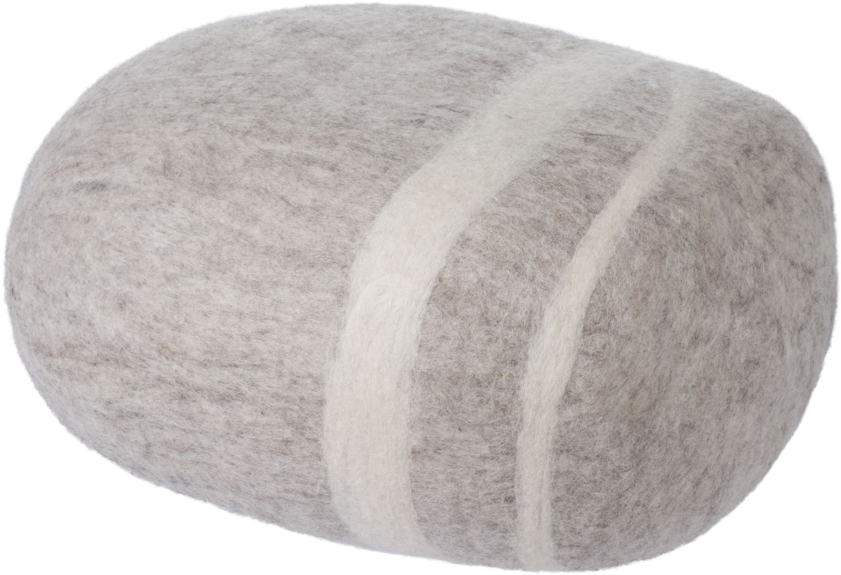Grauer Filz Kiesel Hocker mit weißen Streifen, ideal als Sitzgelegenheit oder Deko-Element.