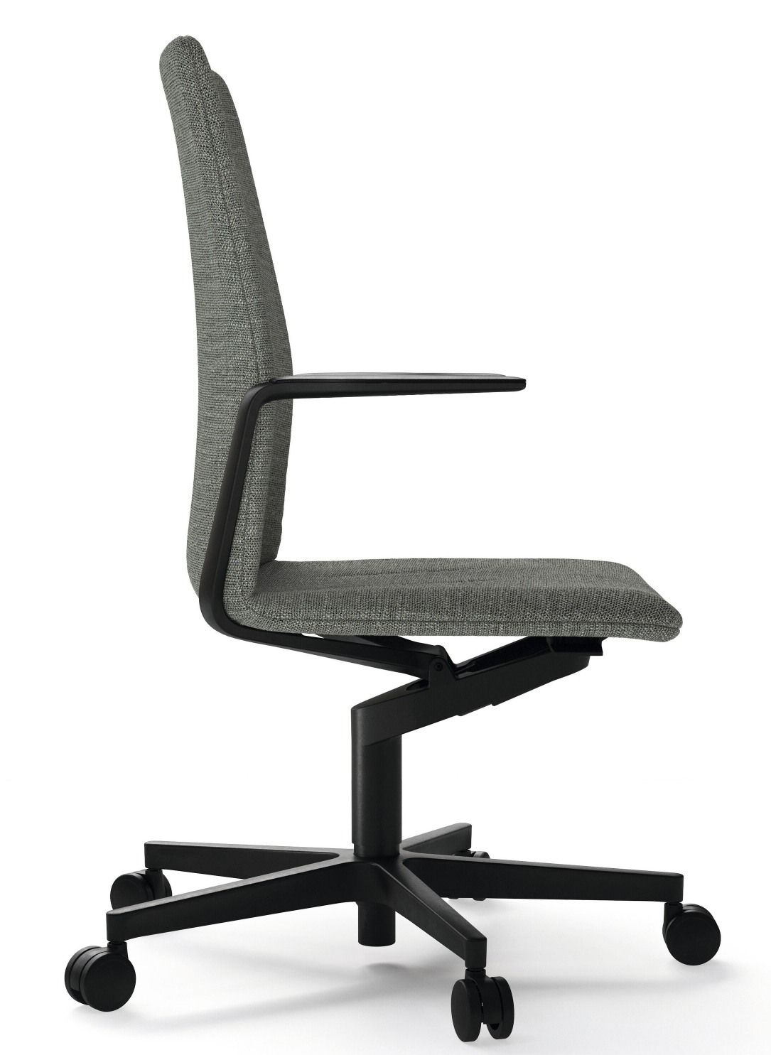 Leadchair Evo Bürostuhl von Walter Knoll, grauer Stoffbezug, schwarzes Fußkreuz mit Rollen, Seitenansicht.