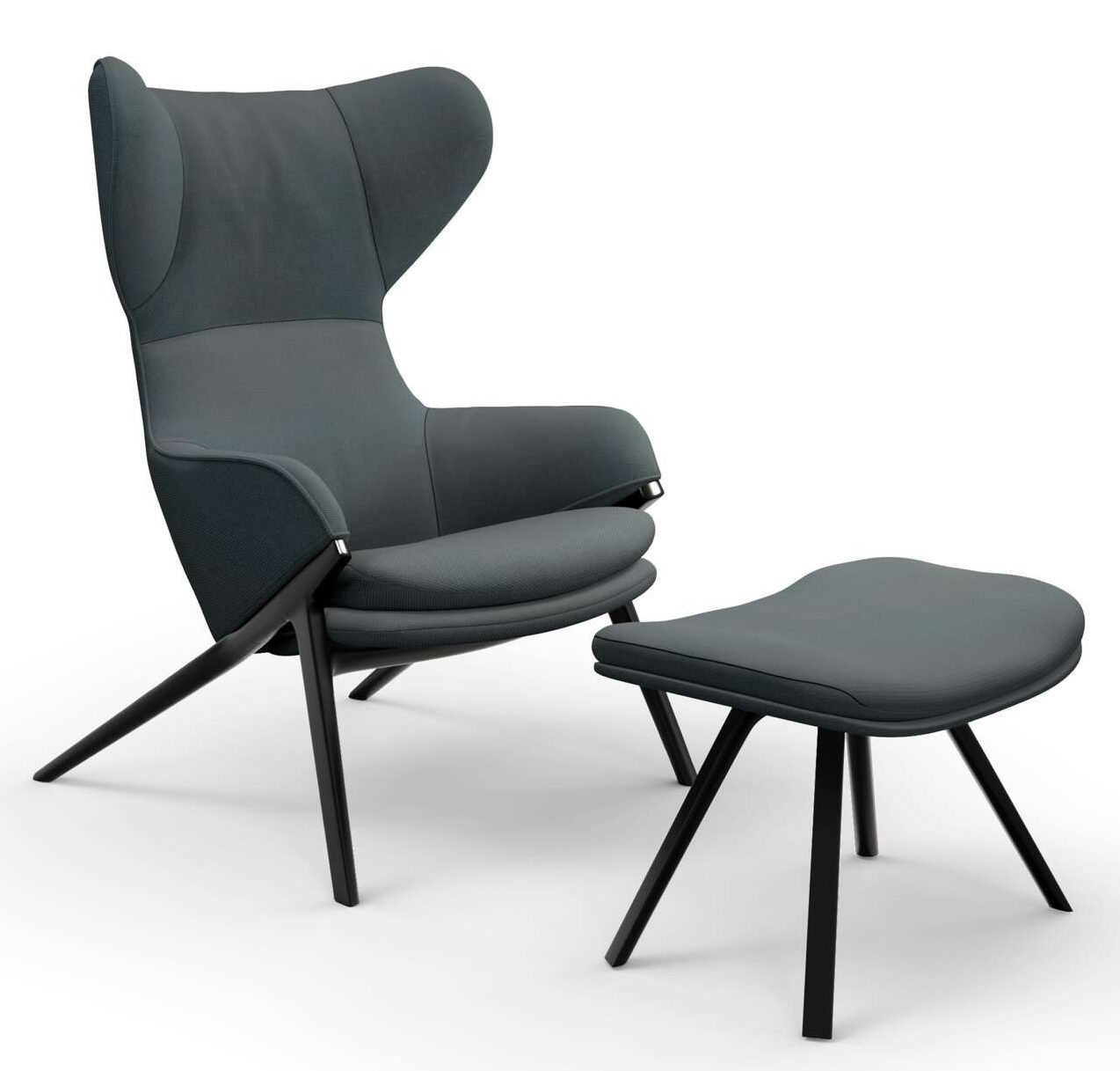 Grauer Cassina Sessel mit hoher Rückenlehne und passender Fußstütze für bequemes Sitzen.