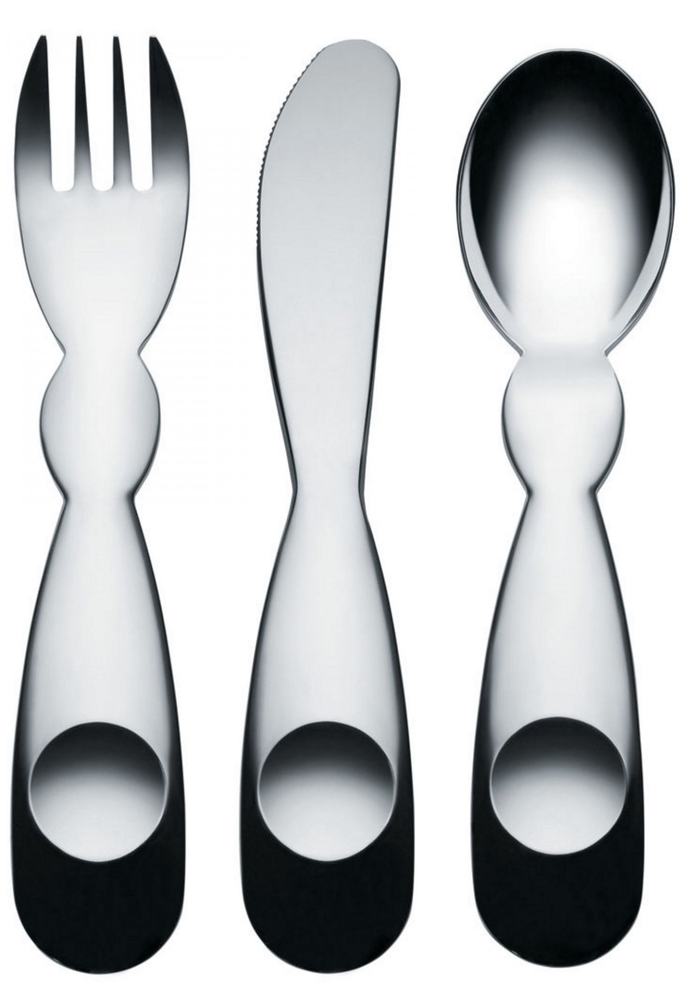 Alessi Kinderbesteck, bestehend aus Gabel, Messer und Löffel, Edelstahl, modernes Design für Kinder.