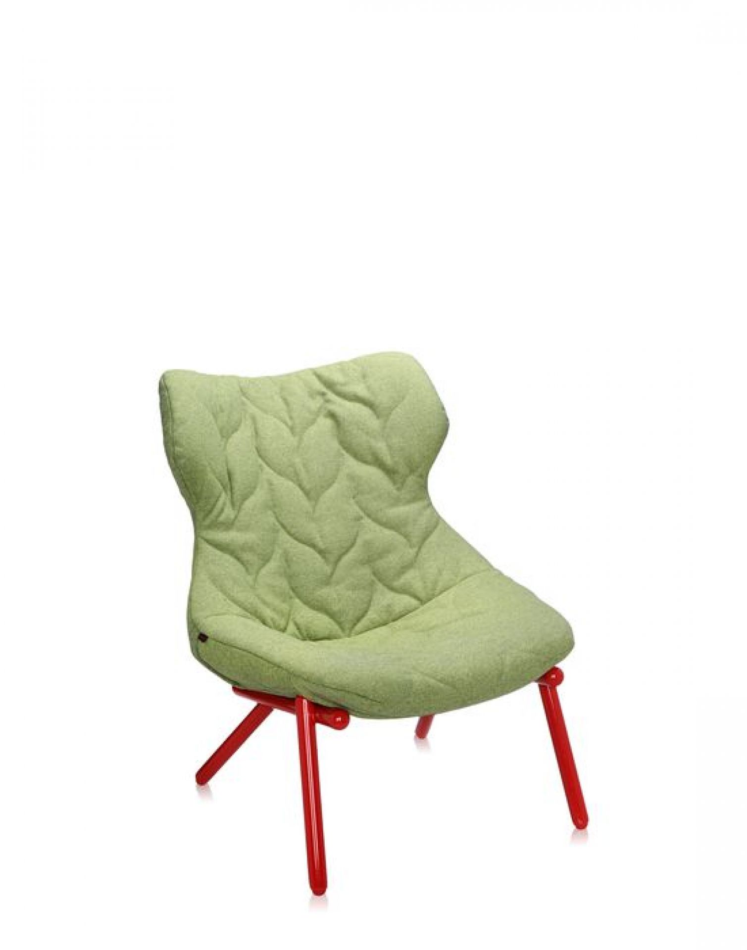 Kartell Foliage Sessel in Grün mit roten Beinen, moderner Design-Sessel für Wohnzimmer und Büro.