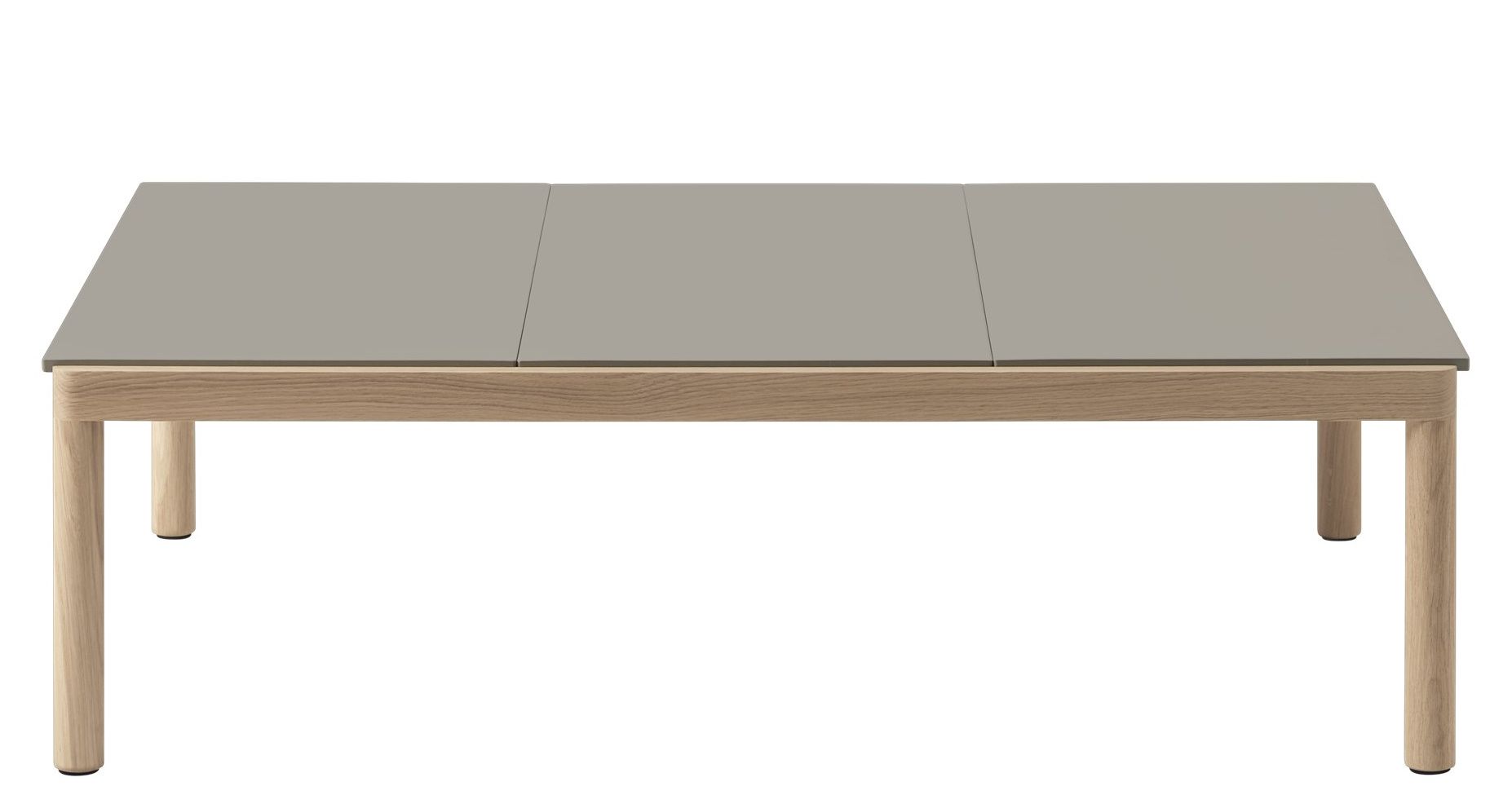 Muuto Couple Coffee Table Couchtisch mit grauer Tischplatte und hellem Holzgestell, modernes Design.